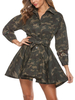 Hemdkleider Midikleid Camouflage Turndown-Kragen Schnürung Langarm Langarm Schärpe Fit And Flare Kleid