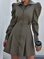 Hemdkleider Olivgrün Umlegekragen Knöpfe Lange Ärmel Polyester Stretch Midikleid
