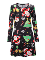 Hemdkleider Schwarz Polyester Bedruckt Lange Ärmel Jewel Neck Stretch Midikleid Für Weihnachten