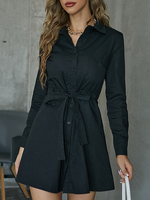 Hemdkleider Schwarz Umlegekragen Lange Ärmel Polyester Midikleid