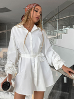 Hemdkleider Weiß Umlegekragen Knöpfe Lange Ärmel Polyester Stretch Midikleid
