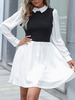 Hemdkleider Weiß Umlegekragen Piping Lange Ärmel Polyester Zweifarbiges Stretch-Midikleid