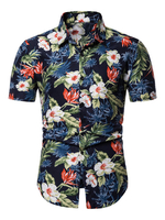 Herren Blumenhemd 2020 Gedruckt Navy Blau Kurze Ärmel Strand Shirt
