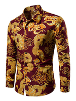 Herren Freizeithemd Chinese Dragon Print Slim Fit Rot Langarmhemd