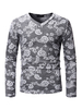 Herren Graues T-Shirt Blumendruck V-Ausschnitt Slim Fit Langarm Casual T-Shirt