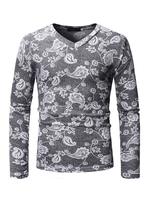 Herren Graues T-Shirt Blumendruck V-Ausschnitt Slim Fit Langarm Casual T-Shirt
