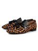 Herren Kleid Schuhe Brown Loafers Echtes Leder Pferdehaar Patchwork Round Toe Quaste Leopardenmuster Loafer Schuhe