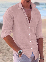 Herren Langarm Kubanisches Hemd Button Down Casual Sommer Strand Leinenhemden