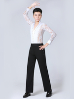 Herren Latein Tanz 2 Stück Spitze Tiefe V-Ausschnitt Tanga Shirts und schwarze Hose