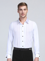 Herren Latein Tanzkostüm Weiß Gestreift Langarm Spandex Shirt Latein Tanzen Wettbewerb Shirts