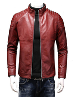 Herren Lederjacke geraffter Reißverschluss Stehkragen Langarm PU Bikerjacke