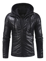 Herren Lederjacke Patchwork Reißverschluss Mit Kapuze Gefälschte 2 Stück Geraffte Schwarze Bikerjacke