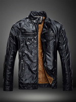 Herren Lederjacke Winterjacke Blau Stehkragen Langarm Kurzjacke