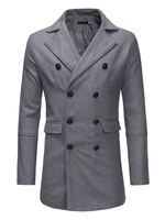 Herren Pea Coat Zweireiher Wollmantel Tasche Grau Langarm Wintermantel
