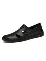Herren Sandalen Slip-On Rindsleder Round Toe Schwarze Flache Sandale