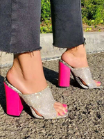 High Heel Mules Silber Open Toe Blcok Heel Slide Schuhe