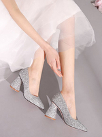 High Heel Party Schuhe Chunky Heels Silber Pointed Toe Pailletten Stoff Abendschuhe
