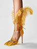 High-Heel-Sandalen mit goldfarbenen Federdetails Strasssteinen Abschlussball- und Partyschuhen