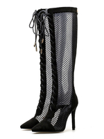 High Heel Stiefel Black Pointed Toe Cut Out Schnür Reißverschluss Detail Sandale Stiefel für Frauen