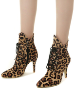 High Heel Stiefel Frauen Leopard Spitz Toe Lace Up Stiefeletten