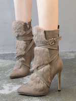 High Heel Stiefel Wildleder Spitz Pelz Detail Stiefeletten Damen Winterstiefel