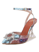 High Heels Sandalen Knöchelriemen Pointed Toe Snake Print Becherabsatz Strass Schicke Sandalen