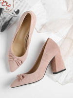 High Heels Slip-On Pointed Toe Chunky Heel Bows Black Lace Bow Micro Wildleder Gummisohle Pumps für Damen