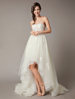 High Low Brautkleider Trägerlosen Spitze Tüll Bow Sash Asymmetrische Sommer Strand Brautkleid