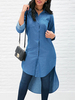 High Low Shirt Blue Turndown Kragen Lässig Langarm Tops