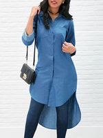 High Low Shirt Blue Turndown Kragen Lässig Langarm Tops