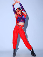 Hip-Hop-Tanzkostüme für Erwachsene; rot; Damen; Top; Hose; Set aus PU-Leder; Straßentanzkostüm