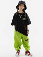 Hip-Hop-Tanzkostüme für Kinder Schwarz Unisex Oberteil Hose Baumwolle Straßentanz-Kostüm
