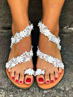 Hochzeit flache Sandalen weiße PU Leder Blumen Verschönerung offene Zehen flache Brautschuhe