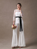 Hochzeit Overalls Elfenbein Langarm Spitze Applique Band Sash Illusion Cutoff Wide Leg Braut Jumpsuit