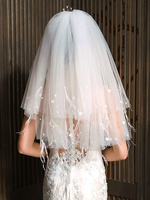 Hochzeit Schleier zwei Tier Perlen Tüll Cut Edge Classic Brautschleier