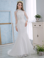 Hochzeits-Kleidermeerjungfrau-Elfenbein-Spitze-Brautkleid-lange Hülsen-Rhinestone-Perlen öffnen sich zurück Stehkragen-Hochzeits-Kleid mit Zug