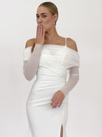 Hochzeitsüberwürfe Elfenbein Lange Ärmel Bateau Halstücher Polyester Plissee Braut Cover Up