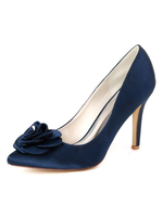 Hochzeitsgast Schuhe Deep Blue Satin Blumen spitzen Zehen Stiletto Heel Mutter Schuhe Party Schuhe