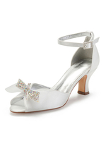 Hochzeitsgast Schuhe Elfenbein Satin Strass Peep Toe Chunky Heel Brautschuhe Knöchelriemen Mutter Schuhe