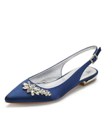 Hochzeitsgast Schuhe tiefblaue Strasssteine spitze Zehen flache Brautschuhe Satin Mutter Schuhe