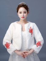 Hochzeitsjacke Kunstpelz Langarm Blumen bestickt Braut Winter Top