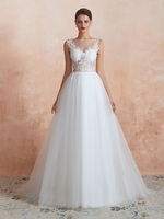 Hochzeitskleid 2021 A Line Sleeveless Lace bodenlangen Tüll Brautkleider mit Zug