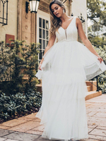 Hochzeitskleid 2021 A Line V Neck Sleeveless Mehrschicht Tüll Kuchen Kleid Brautkleid