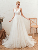 Hochzeitskleid 2021 V-Ausschnitt A-Linie bodenlangen Spitze applizierten Tüll Brautkleider