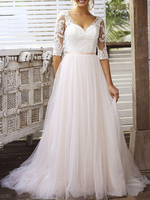 Hochzeitskleid A Line V-Ausschnitt Halbarm Spitze Tüll Brautkleider Mit Schleppe