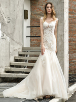 Hochzeitskleid Jewel Neck Sleeveless Natural Taille Lace Braut Meerjungfrau Kleid mit Zug