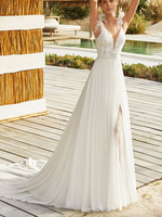 Hochzeitskleid mit Zug A Line Illusion Ausschnitt Ärmellose Spitze Brautkleider