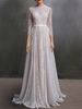 Hochzeitskleid mit Zug A-Line Lange Ärmel Chiffon Juwel Neck Elfenbein Brautkleider