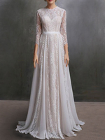 Hochzeitskleid mit Zug A-Line Lange Ärmel Chiffon Juwel Neck Elfenbein Brautkleider