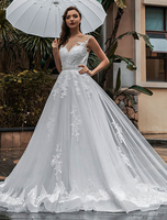 Hochzeitskleid mit Zug A-line ärmellosen Spitze Tüll Juwel Hals Brautkleider